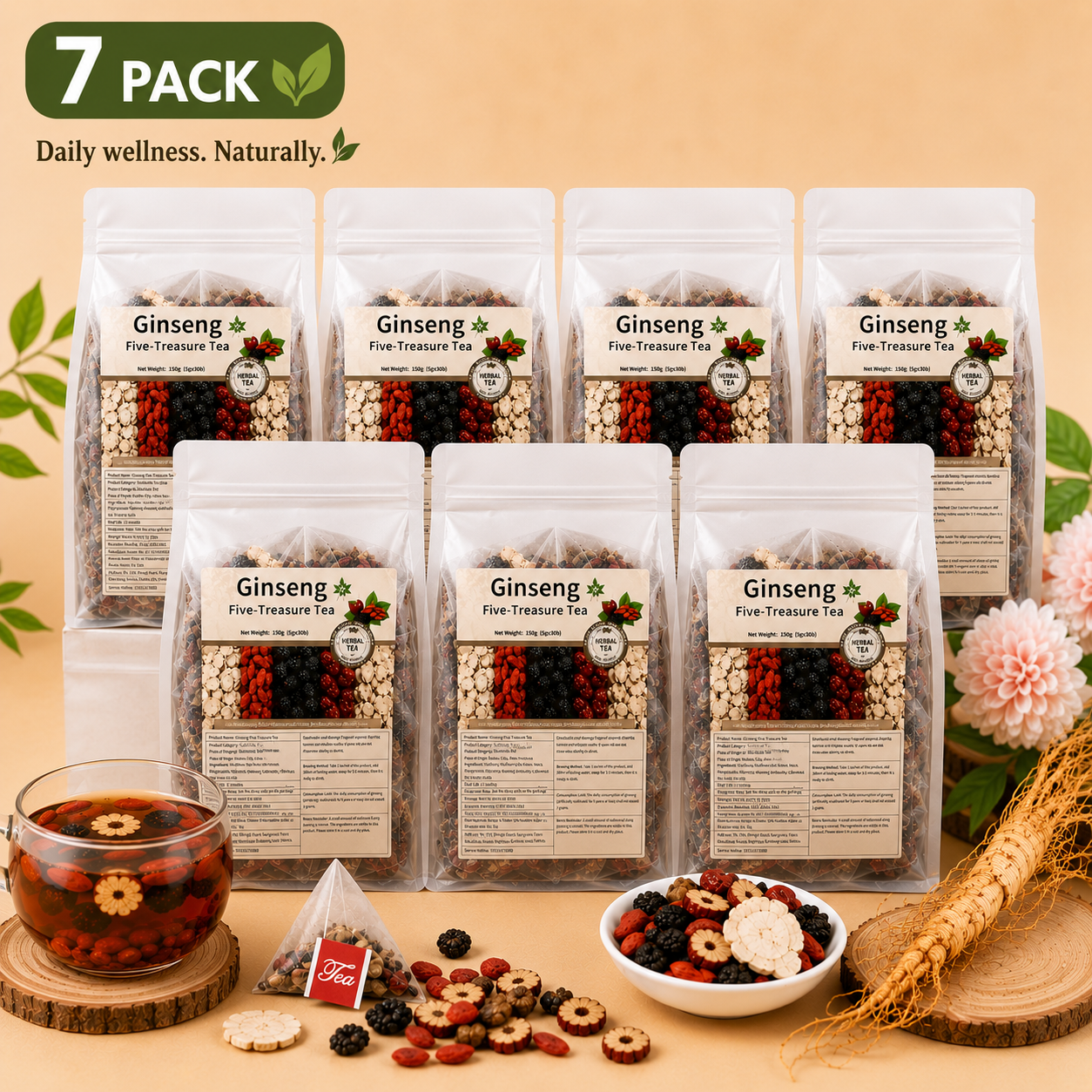 Ginseng 🌿 Five-Treasure Tea 🍵 – Herbal Wellness Blend ✨ for Daily Refreshment 💖 & Natural Balance-QR