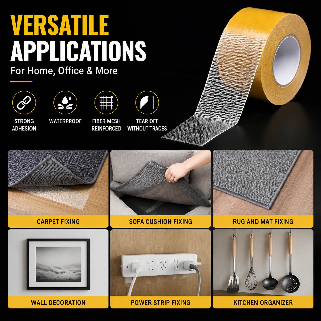 Waterproof Strong Double-Sided Tape – Heavy Duty Mesh Cloth Tape for Carpet, DIY & Home Fixing-QE