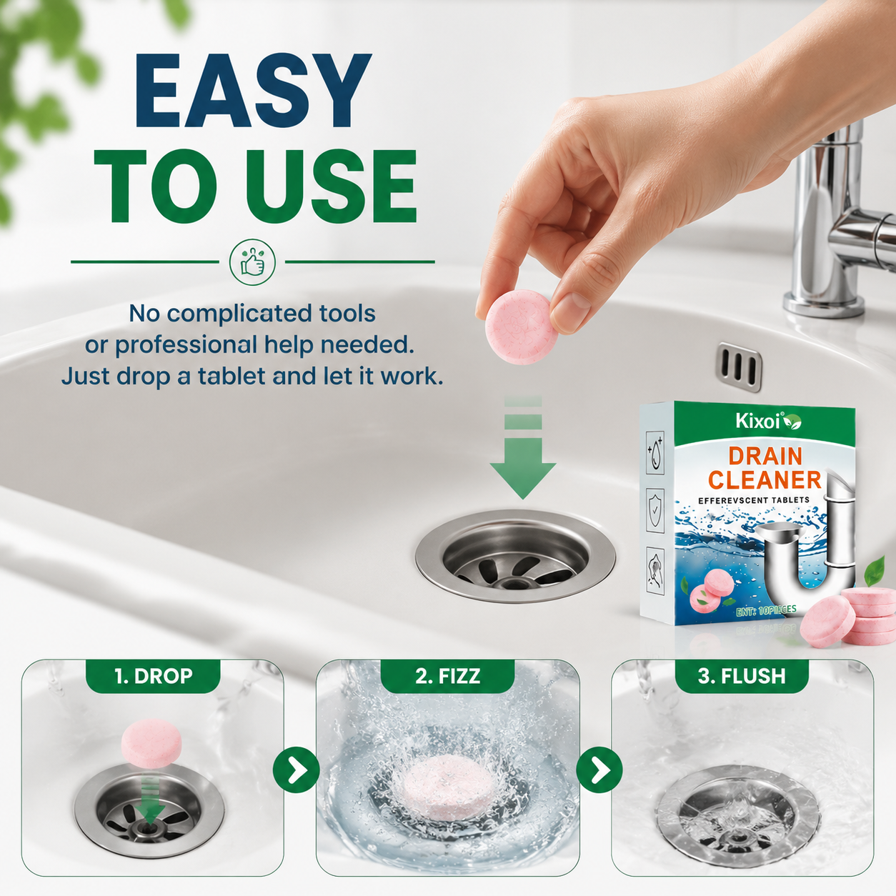 Drain Cleaning Effervescent Tablets – Powerful Unclogging, Odor Removal & Pipe Maintenance-QE