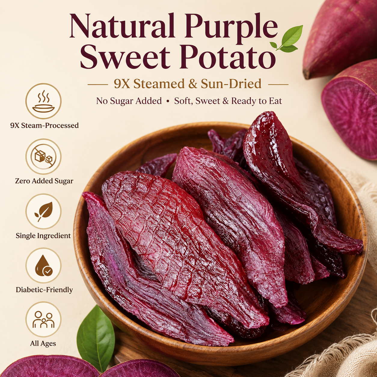 🍠 Natural Purple Sweet Potato —9X Steamed & Sun-Dried, No Sugar Added, Soft, Sweet & Diabetic-Friendly-Q1
