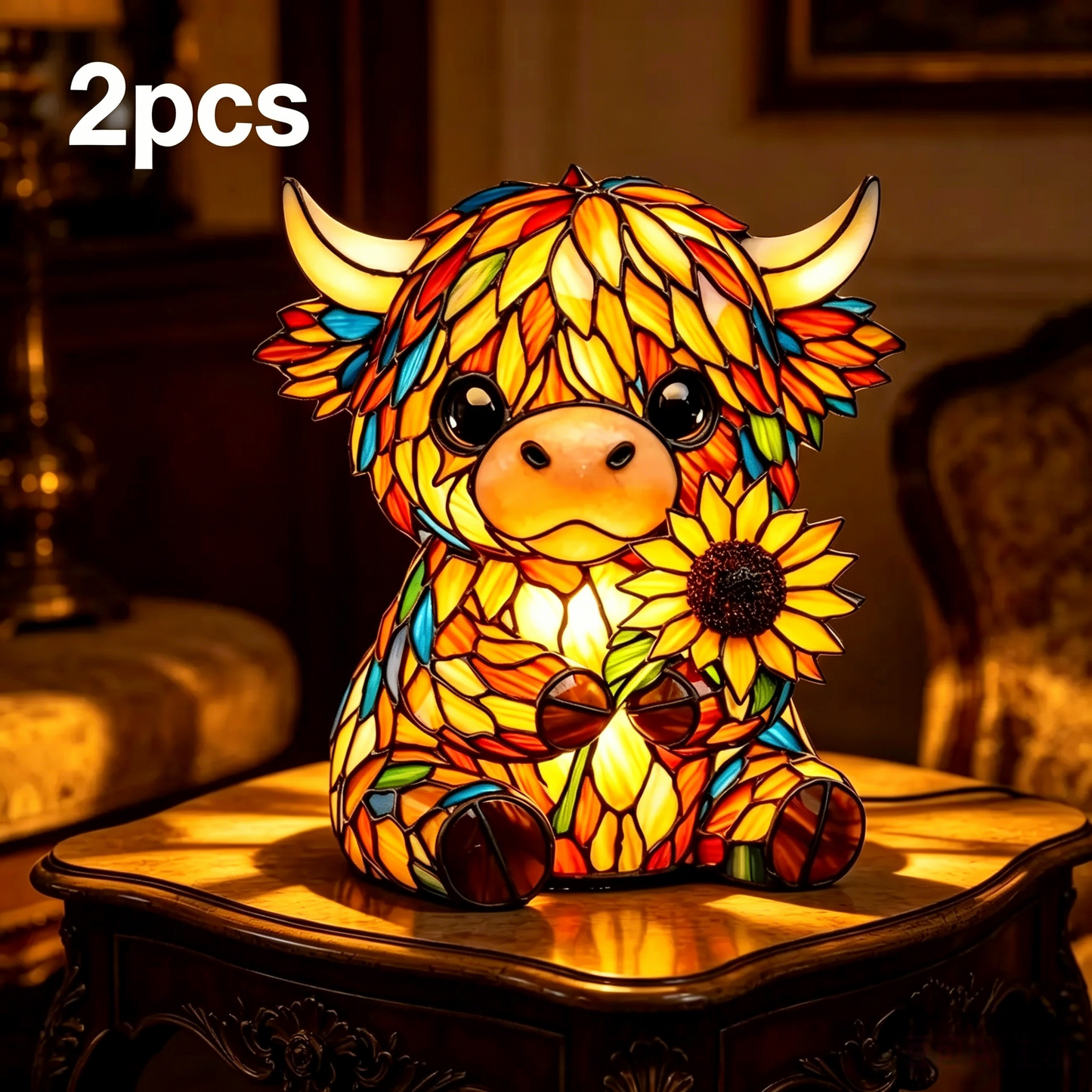 🐮 Cute Highland Cow Sunflower LED Night Light – Colorful Resin Animal Table Lamp-QE