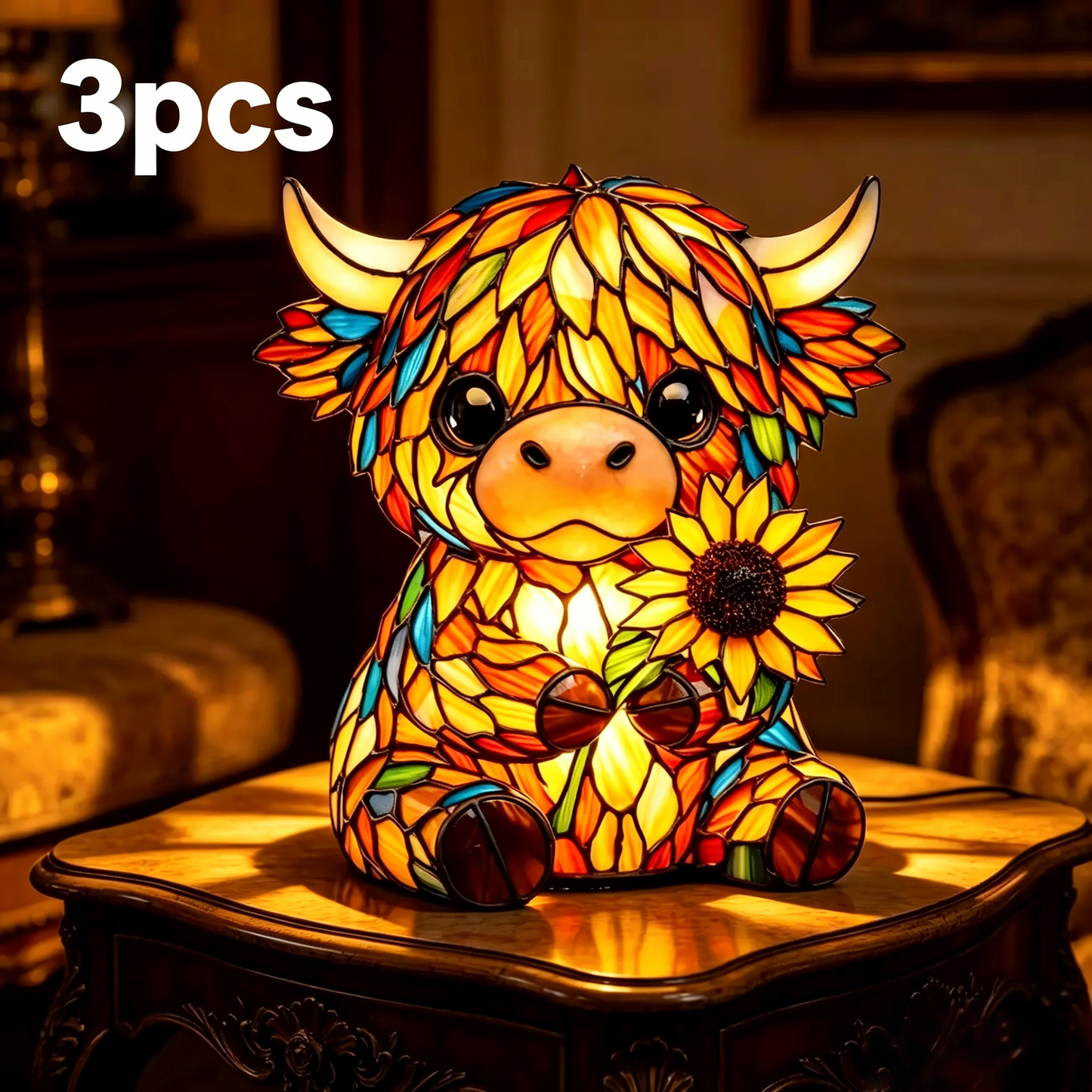 🐮 Cute Highland Cow Sunflower LED Night Light – Colorful Resin Animal Table Lamp-QE