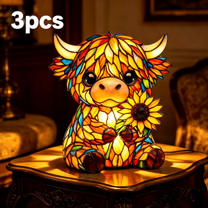 🐮 Cute Highland Cow Sunflower LED Night Light – Colorful Resin Animal Table Lamp-QE