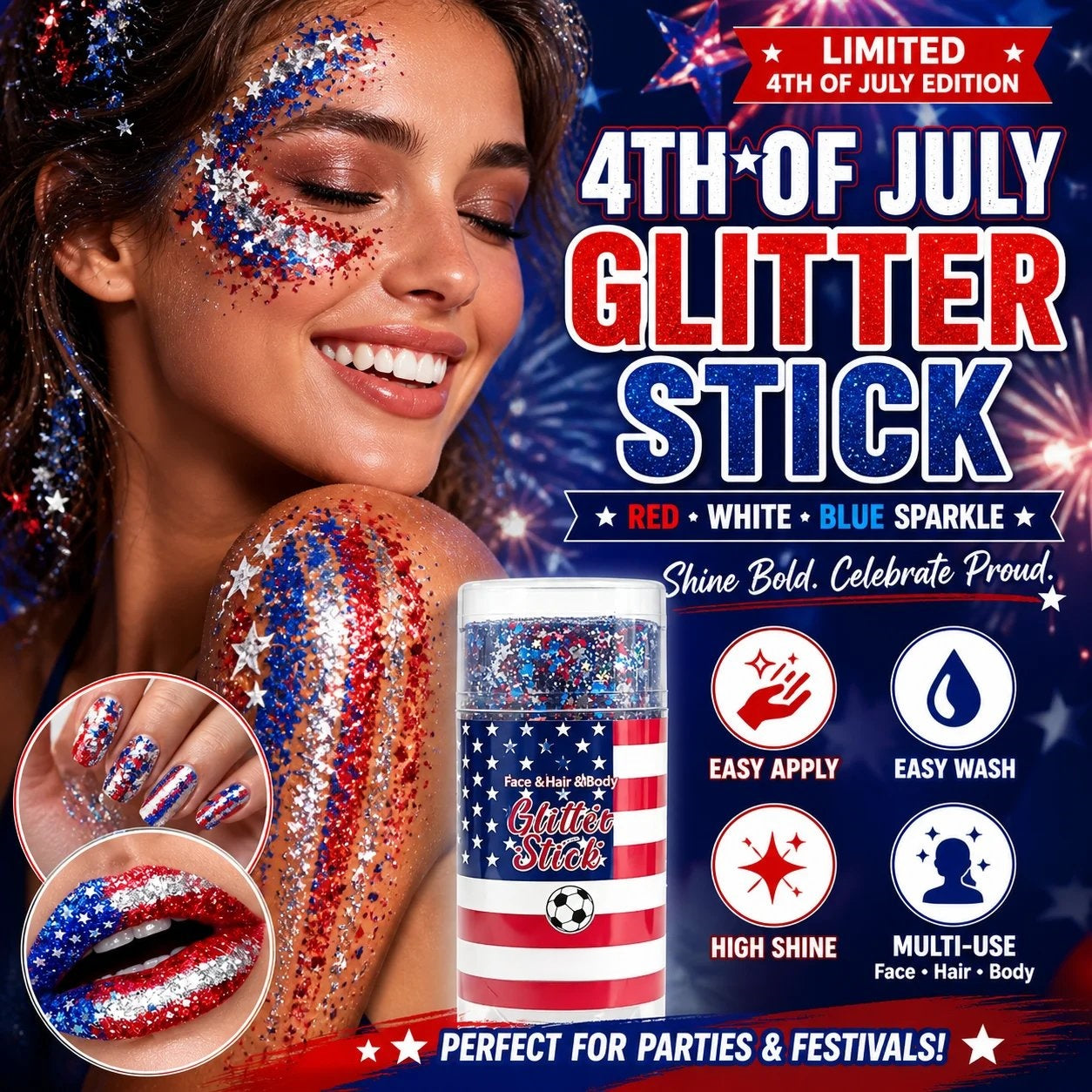 🦅4th of July Glitter Stick✨🔔Red, White & Blue Body & Hair Sparkle-QE