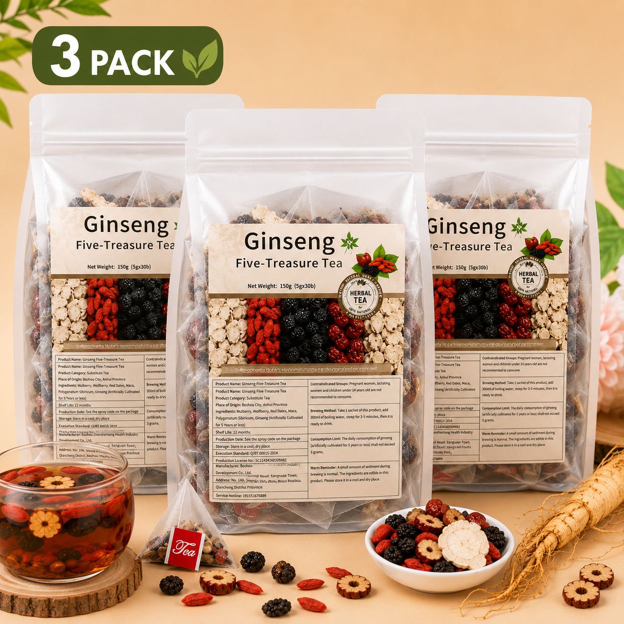 Ginseng 🌿 Five-Treasure Tea 🍵 – Herbal Wellness Blend ✨ for Daily Refreshment 💖 & Natural Balance-QR