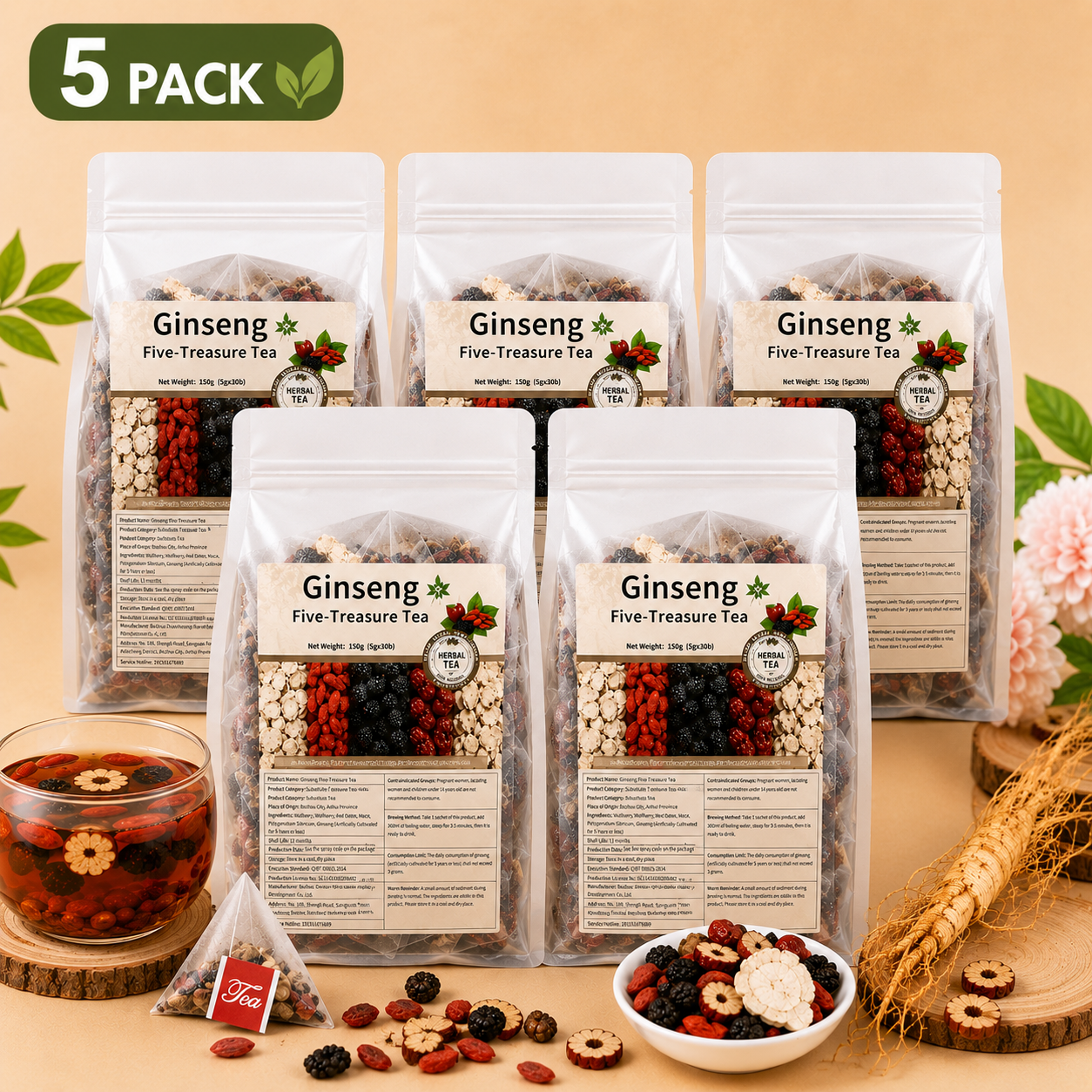Ginseng 🌿 Five-Treasure Tea 🍵 – Herbal Wellness Blend ✨ for Daily Refreshment 💖 & Natural Balance-QR