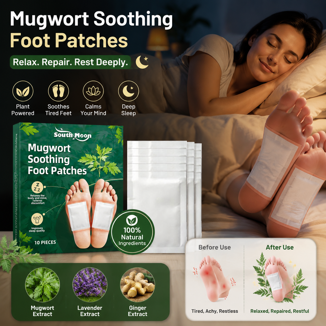 🌙 Mugwort Soothing Foot Patches-Relax. Repair. Rest Deeply.-Q1