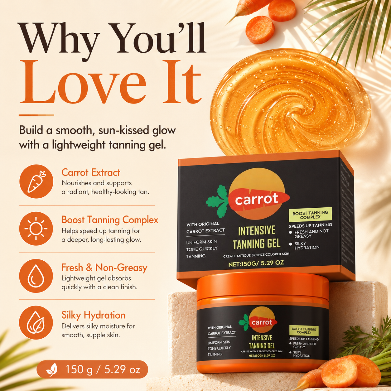 🥕 Carrot Glow Intense Tanning Gel – Natural Tan Accelerator with Carrot Oil & Coconut Oil -DW
