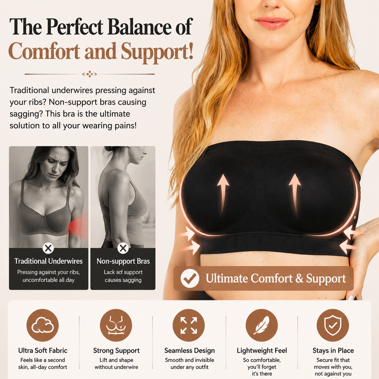 ✨ Convertible Strapless Bandeau Bra with Wireless Comfort, Anti-Slip Grip 👍Suitable for All Body Types-Q1