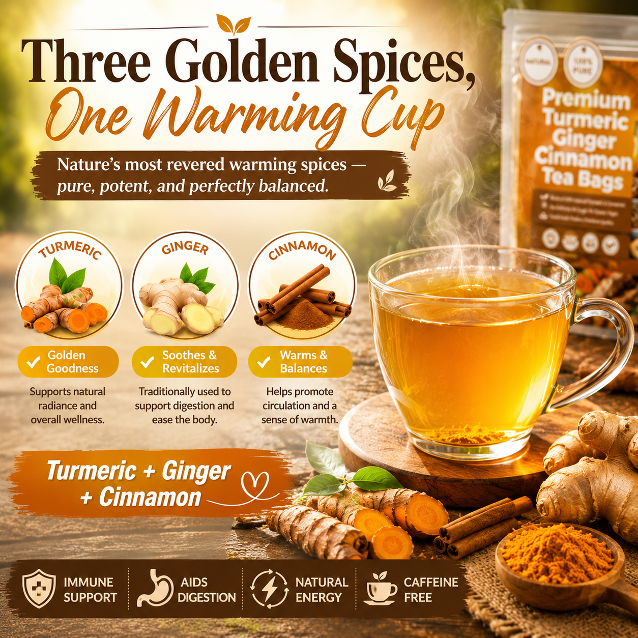 🍵 Turmeric Ginger Cinnamon Tea — Warm Your Body, Boost Your Metabolism, Zero Sugar & Zero Caffeine-Q1