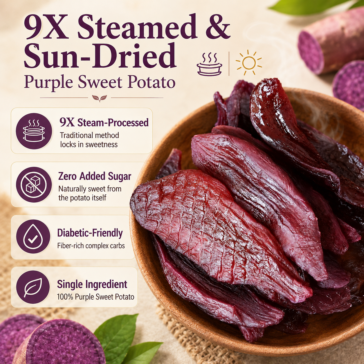 🍠 Natural Purple Sweet Potato —9X Steamed & Sun-Dried, No Sugar Added, Soft, Sweet & Diabetic-Friendly-Q1