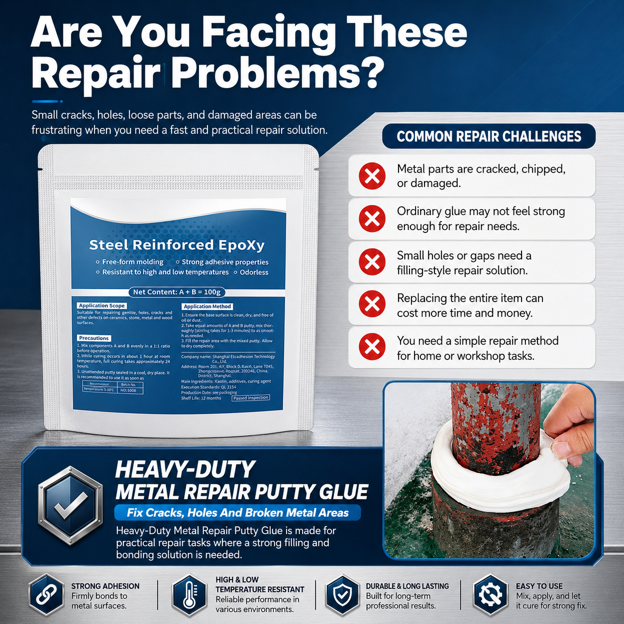 🛠️ Heavy-Duty Metal Repair Putty Glue – Strong Bond Repair Filler for DIY Fixes - DW