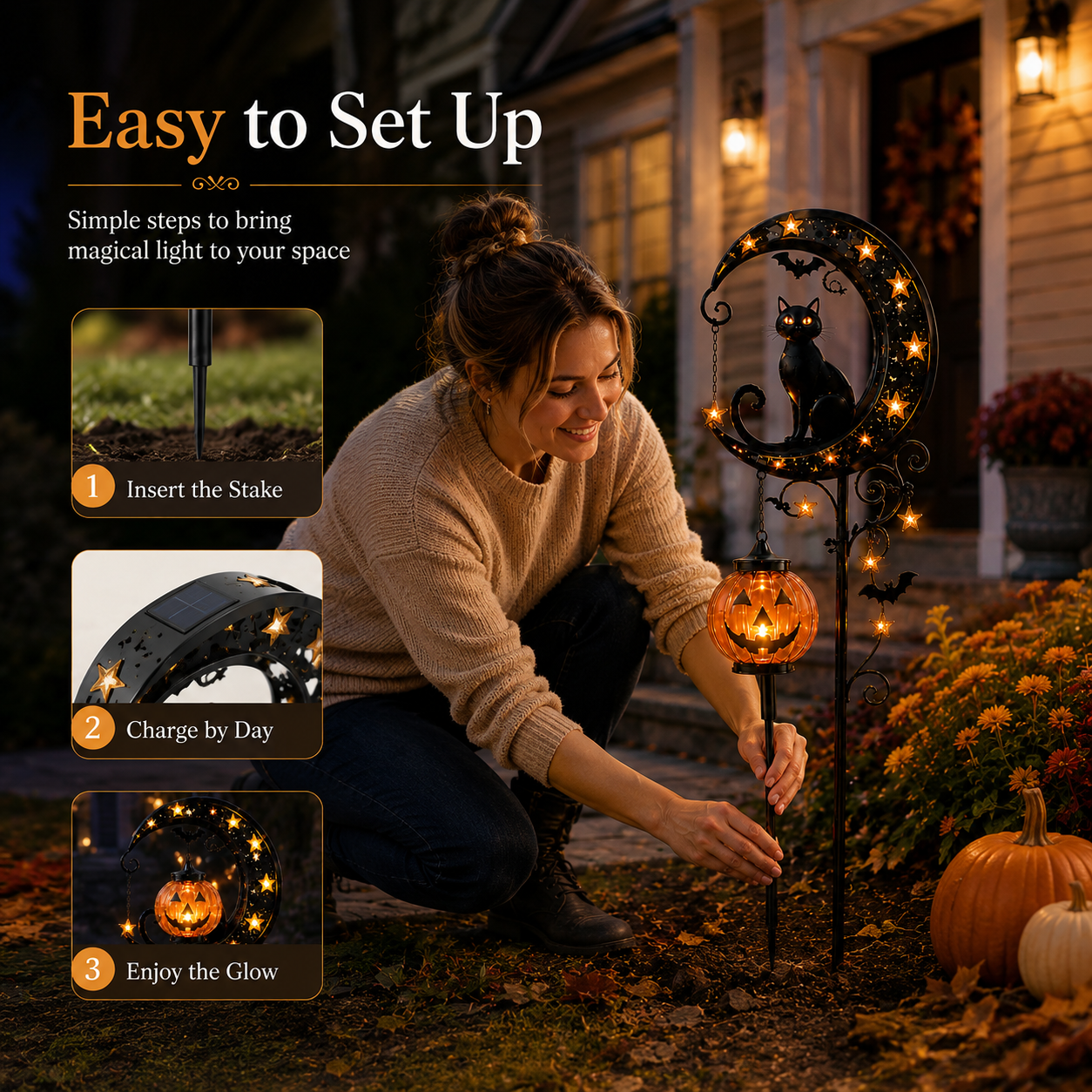 🎃 Solar Halloween Black Cat Garden Stake Light – Whimsical Pumpkin Moon Glow for Porches, Paths & Gardens 🐈‍⬛✨-DW