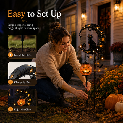 🎃 Solar Halloween Black Cat Garden Stake Light – Whimsical Pumpkin Moon Glow for Porches, Paths & Gardens 🐈‍⬛✨-DW
