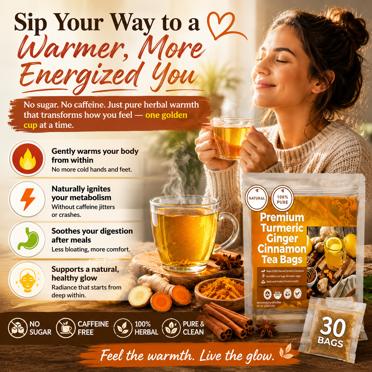🍵 Turmeric Ginger Cinnamon Tea — Warm Your Body, Boost Your Metabolism, Zero Sugar & Zero Caffeine-Q1
