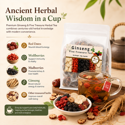 Ginseng 🌿 Five-Treasure Tea 🍵 – Herbal Wellness Blend ✨ for Daily Refreshment 💖 & Natural Balance-QR