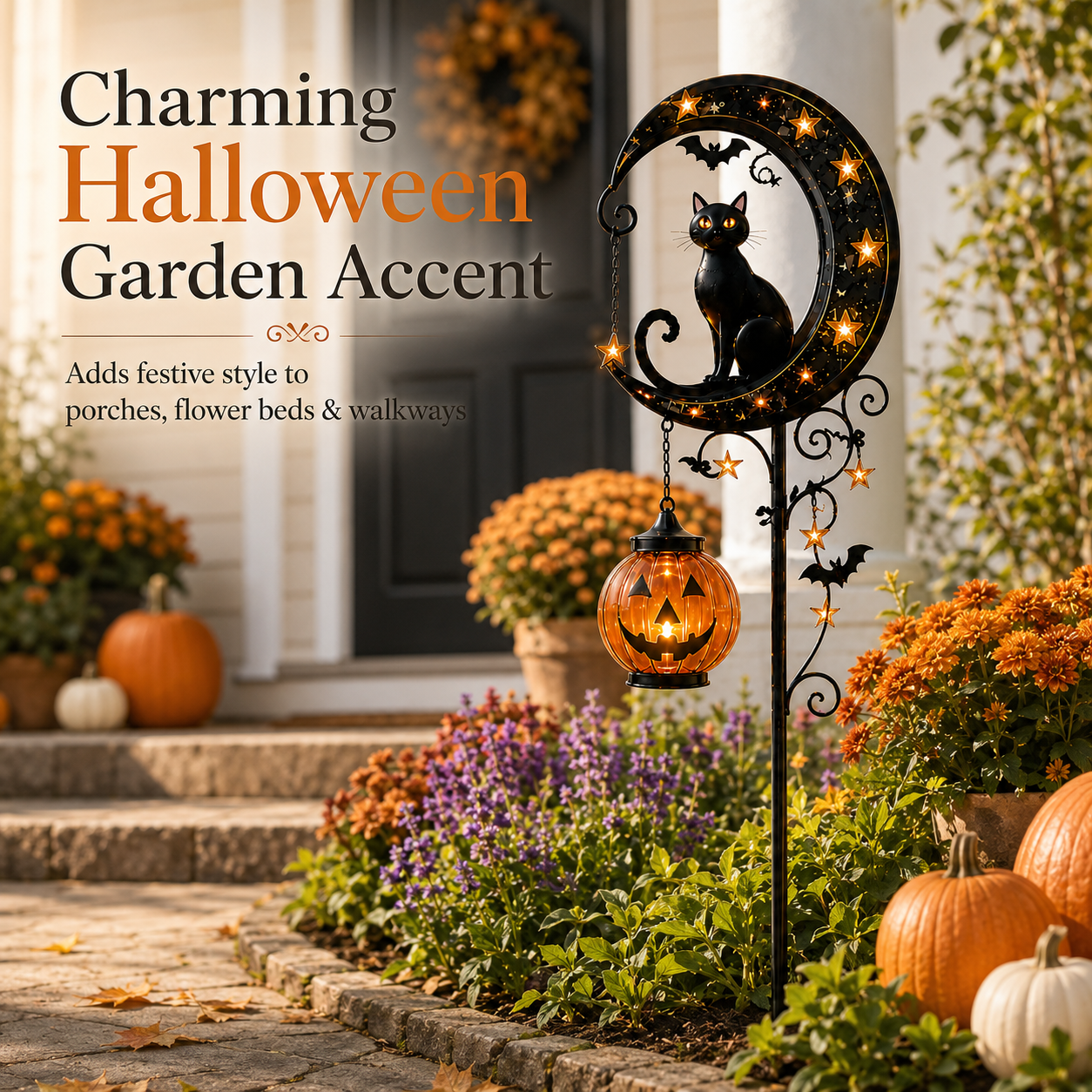 🎃 Solar Halloween Black Cat Garden Stake Light – Whimsical Pumpkin Moon Glow for Porches, Paths & Gardens 🐈‍⬛✨-DW