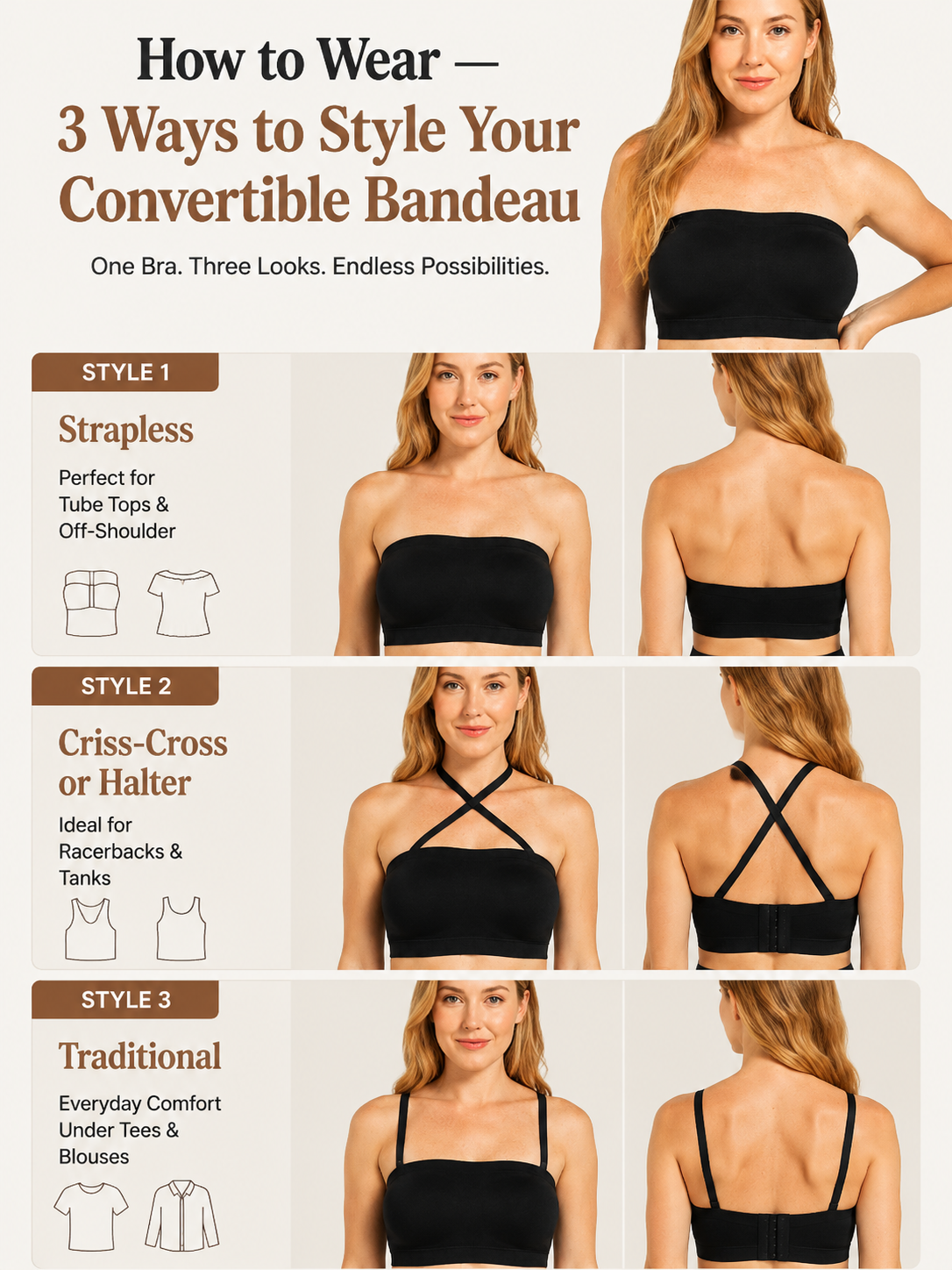 ✨ Convertible Strapless Bandeau Bra with Wireless Comfort, Anti-Slip Grip 👍Suitable for All Body Types-Q1