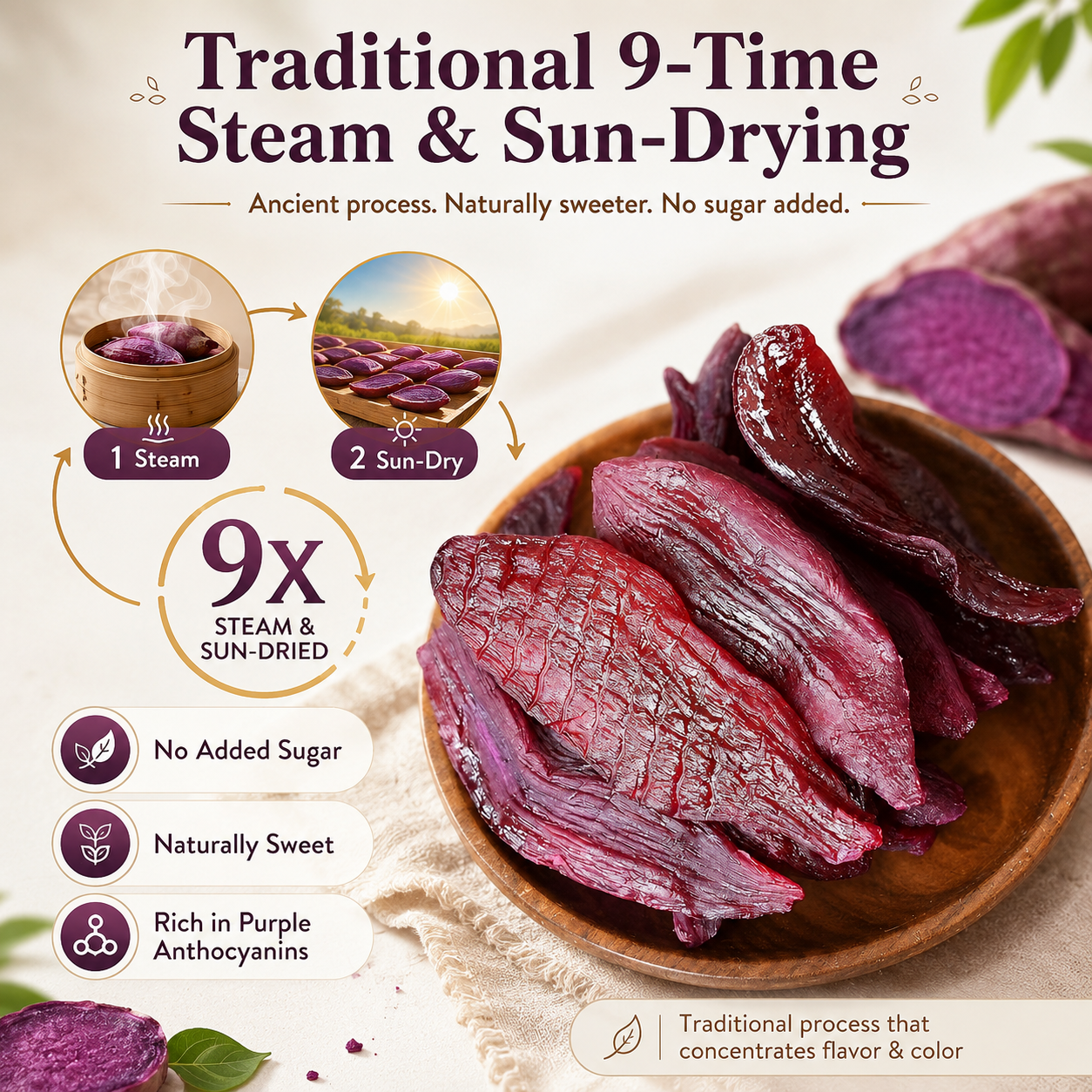 🍠 Natural Purple Sweet Potato —9X Steamed & Sun-Dried, No Sugar Added, Soft, Sweet & Diabetic-Friendly-Q1