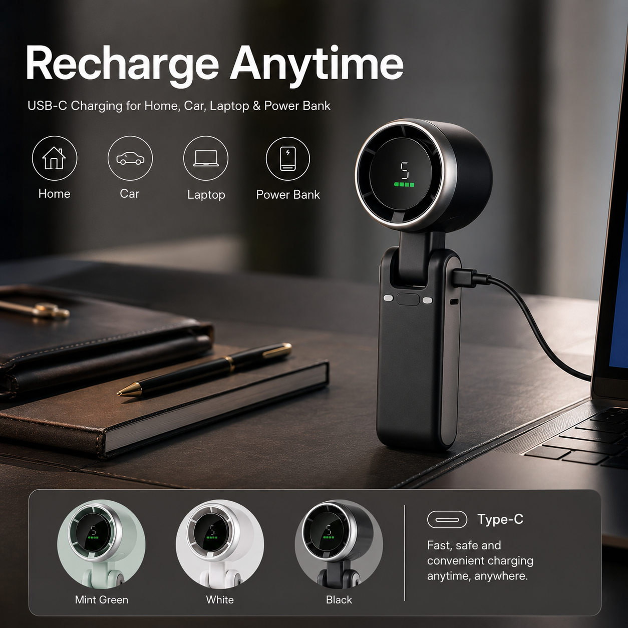 🌪️🔇 TurboJet High-Speed Silent Handheld Fan | Brushless Motor 5-Speed Turbo Airflow Ultra-Quiet <36dB USB-C Rechargeable Foldable Personal Fan-DW