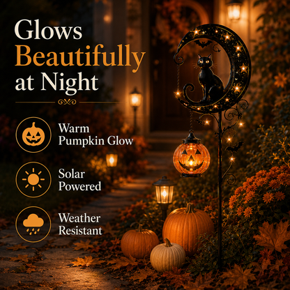 🎃 Solar Halloween Black Cat Garden Stake Light – Whimsical Pumpkin Moon Glow for Porches, Paths & Gardens 🐈‍⬛✨-DW