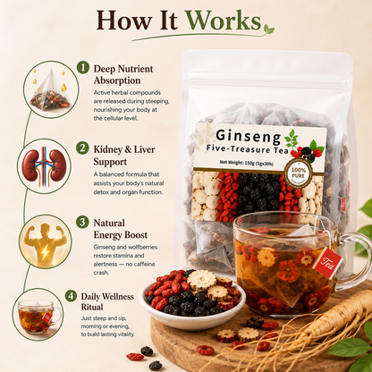 Ginseng 🌿 Five-Treasure Tea 🍵 – Herbal Wellness Blend ✨ for Daily Refreshment 💖 & Natural Balance-QR