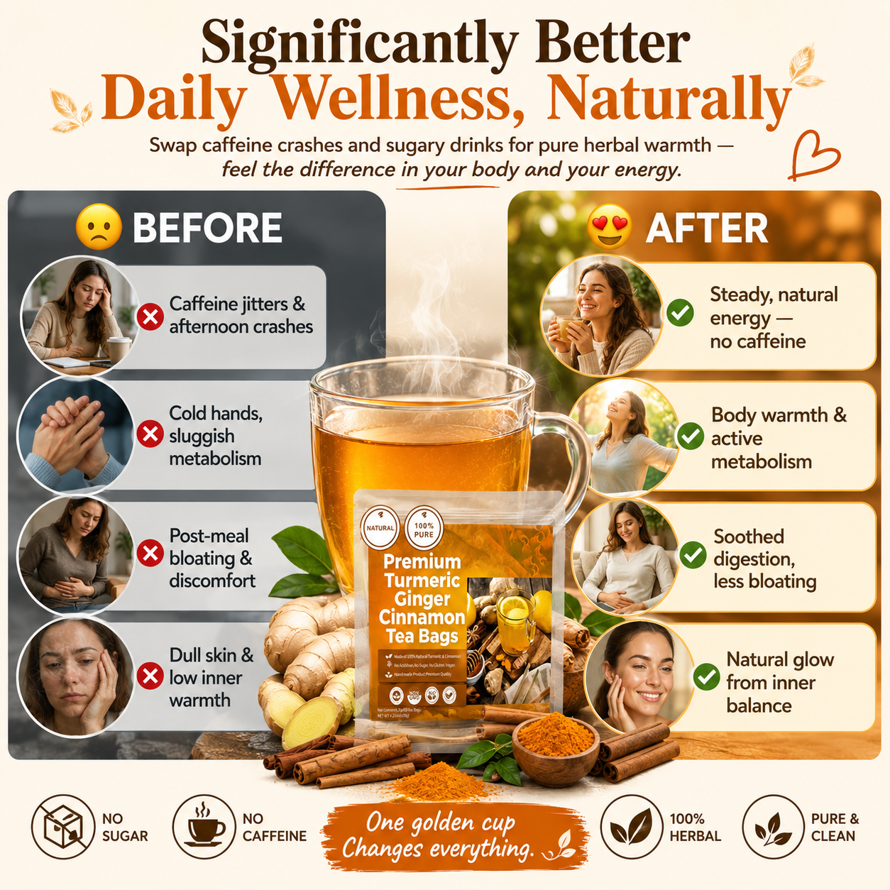 🍵 Turmeric Ginger Cinnamon Tea — Warm Your Body, Boost Your Metabolism, Zero Sugar & Zero Caffeine-Q1