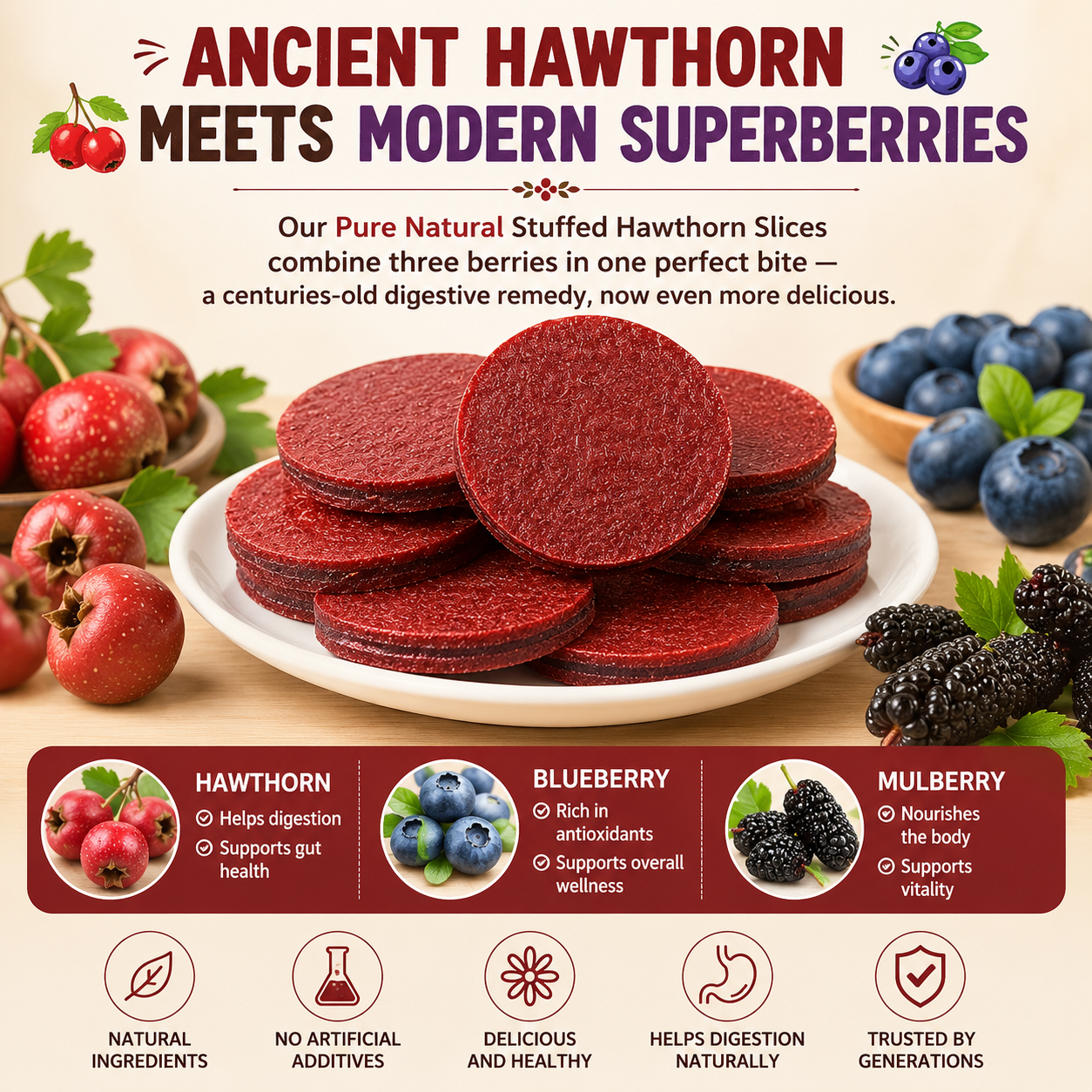 🌿Pure natural 🫐blueberry and 🍇mulberry stuffed 🍒hawthorn slices-Q1