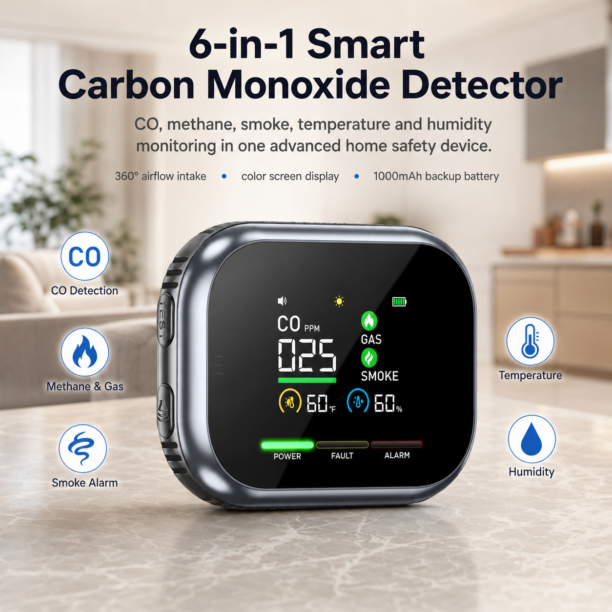 🚨 6-in-1 Smart Carbon Monoxide Detector – CO, Methane, Smoke, Temperature & Humidity Alarm with 360° Airflow & 1000mAh Backup Battery -DW
