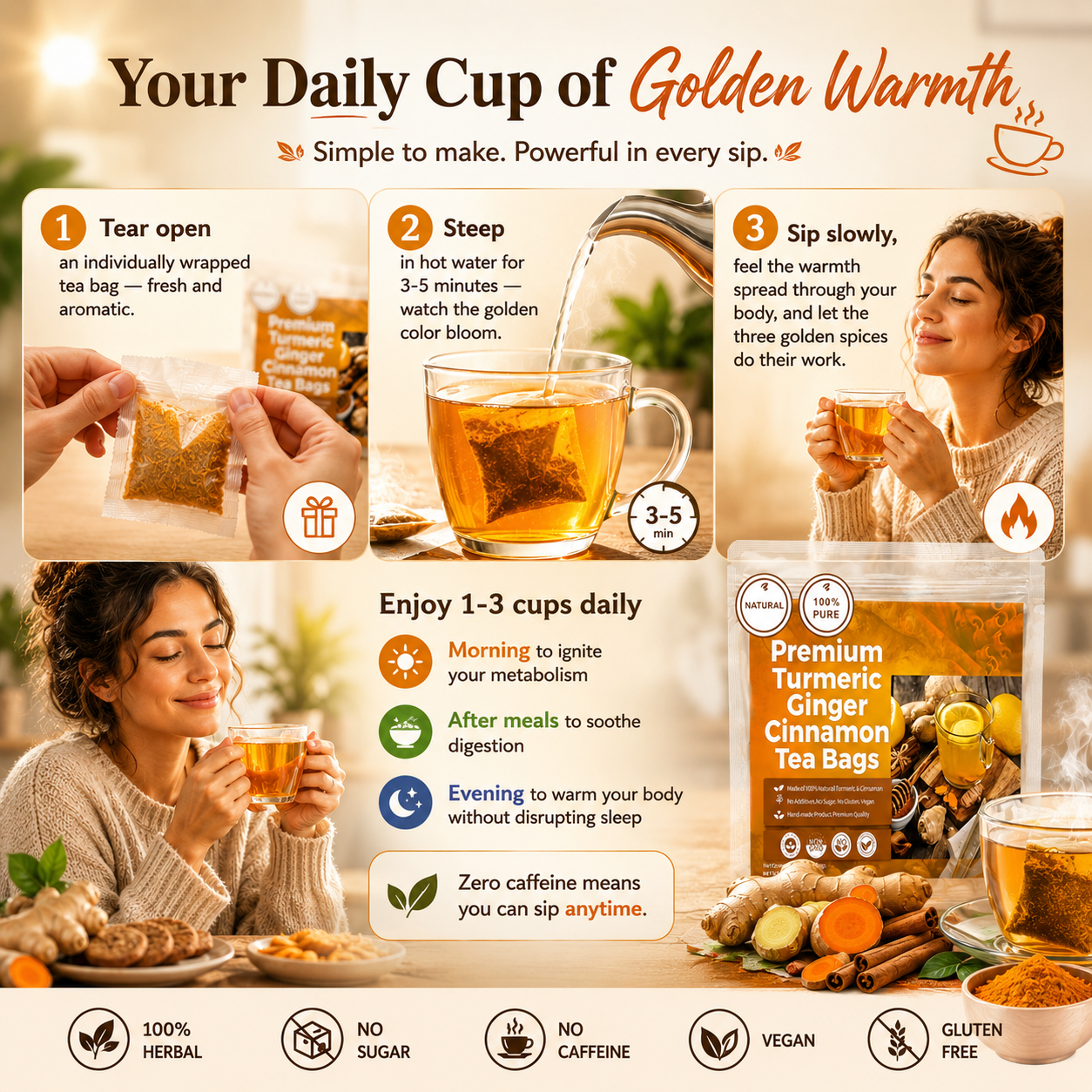 🍵 Turmeric Ginger Cinnamon Tea — Warm Your Body, Boost Your Metabolism, Zero Sugar & Zero Caffeine-Q1