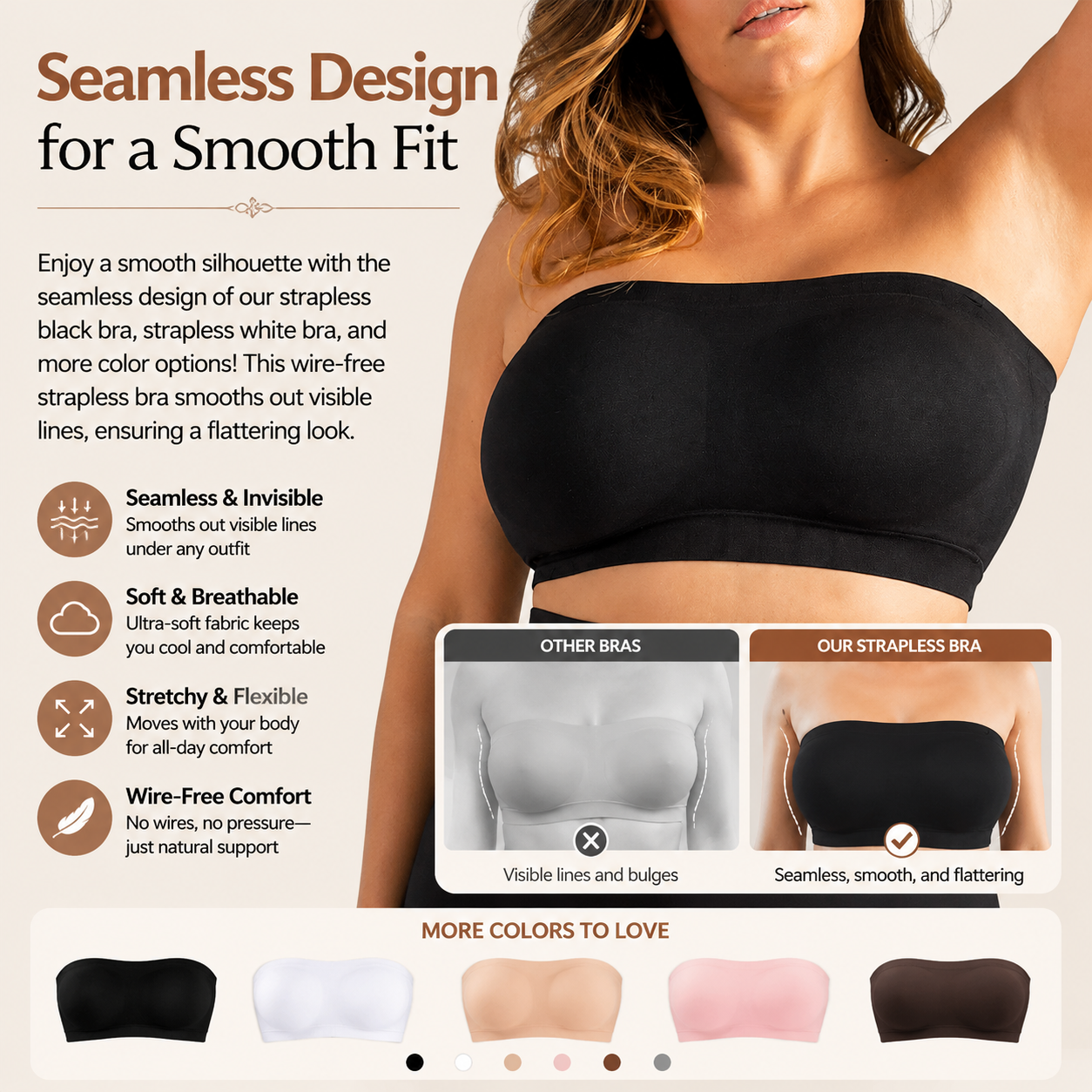 ✨ Convertible Strapless Bandeau Bra with Wireless Comfort, Anti-Slip Grip 👍Suitable for All Body Types-Q1
