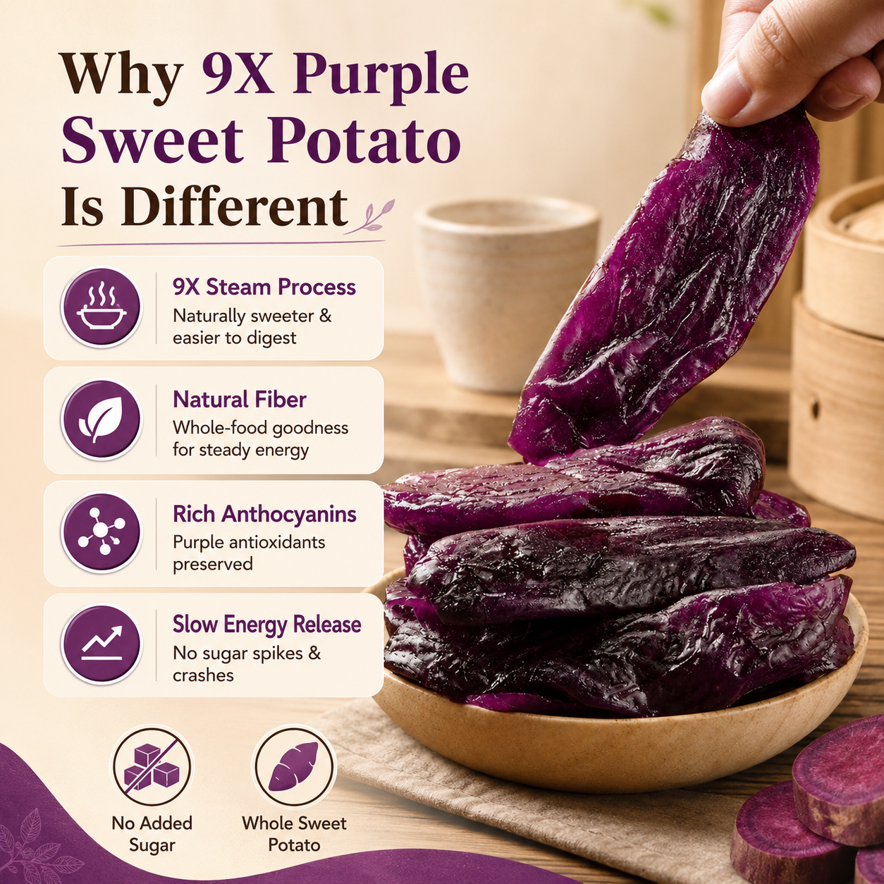 🍠 Natural Purple Sweet Potato —9X Steamed & Sun-Dried, No Sugar Added, Soft, Sweet & Diabetic-Friendly-Q1