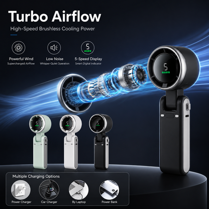 🌪️🔇 TurboJet High-Speed Silent Handheld Fan | Brushless Motor 5-Speed Turbo Airflow Ultra-Quiet <36dB USB-C Rechargeable Foldable Personal Fan-DW