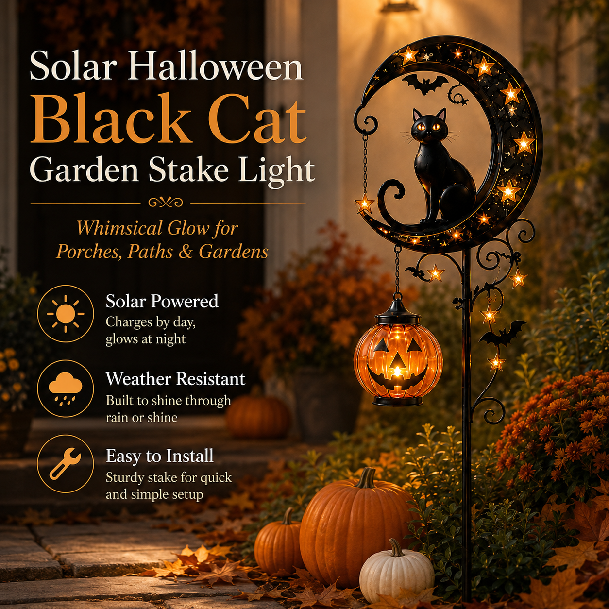 🎃 Solar Halloween Black Cat Garden Stake Light – Whimsical Pumpkin Moon Glow for Porches, Paths & Gardens 🐈‍⬛✨-DW