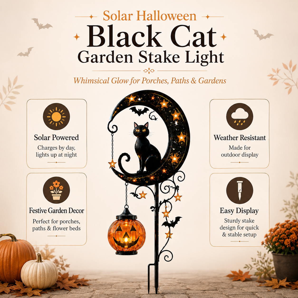 🎃 Solar Halloween Black Cat Garden Stake Light – Whimsical Pumpkin Moon Glow for Porches, Paths & Gardens 🐈‍⬛✨-DW
