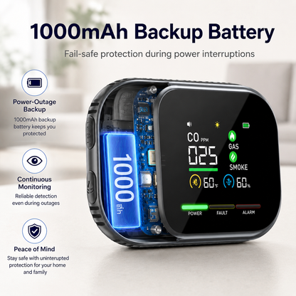 🚨 6-in-1 Smart Carbon Monoxide Detector – CO, Methane, Smoke, Temperature & Humidity Alarm with 360° Airflow & 1000mAh Backup Battery -DW