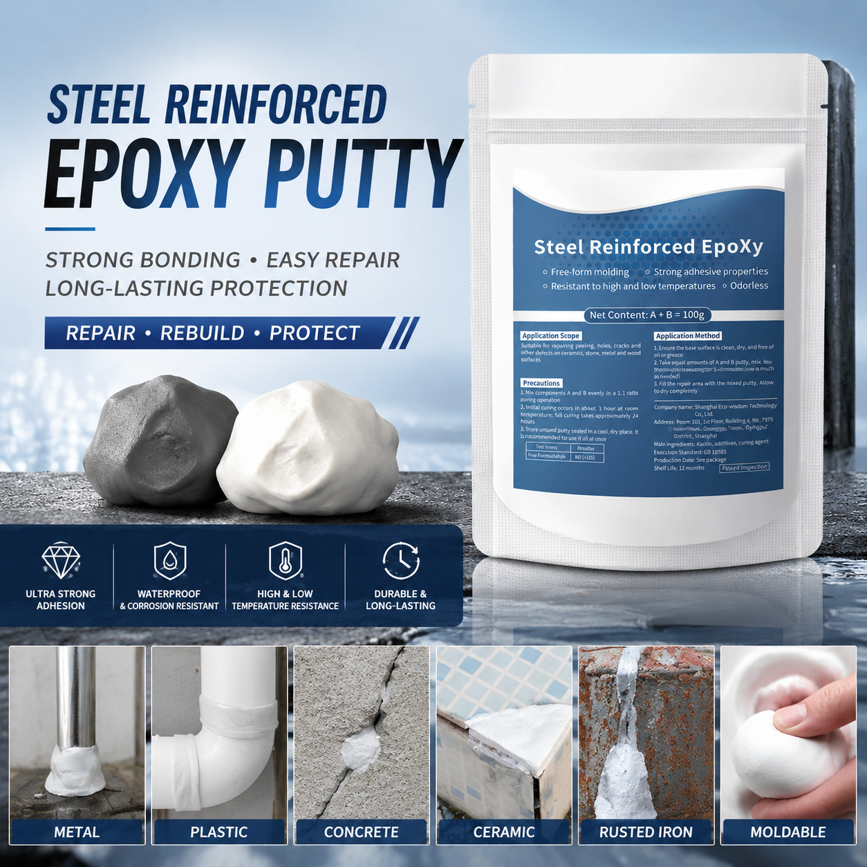 Steel Reinforced Epoxy Clay – Strong Adhesion, Free‑Form Molding, Permanent Repair-QE
