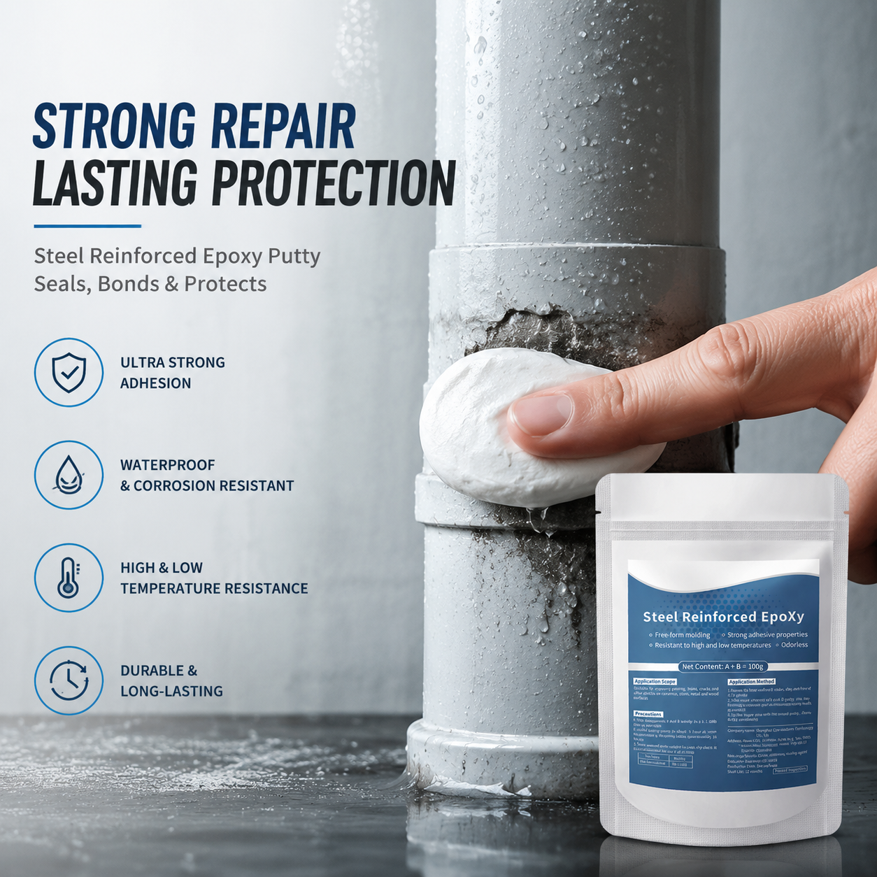 Steel Reinforced Epoxy Clay – Strong Adhesion, Free‑Form Molding, Permanent Repair-QE