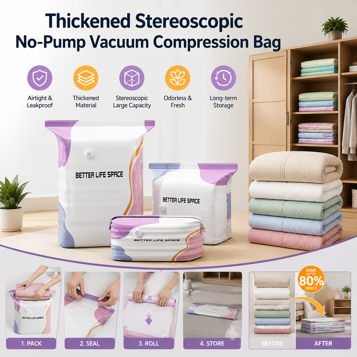 Thickened Stereoscopic No-Pump Vacuum Compression Bag - QO