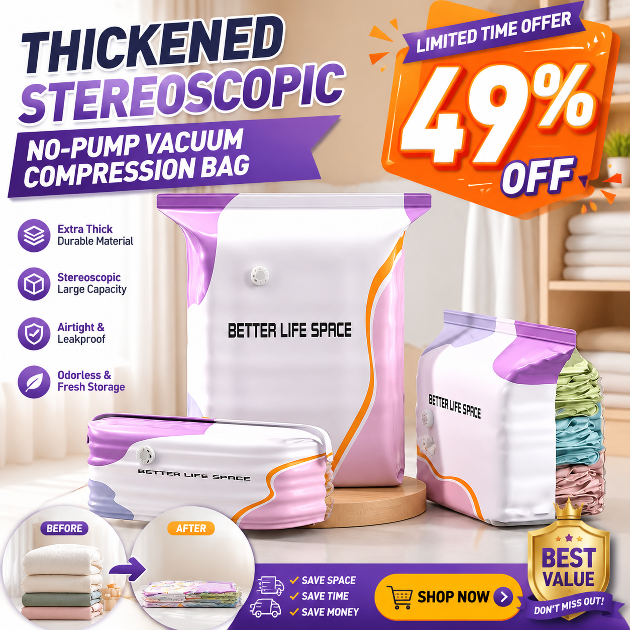 Thickened Stereoscopic No-Pump Vacuum Compression Bag - QO