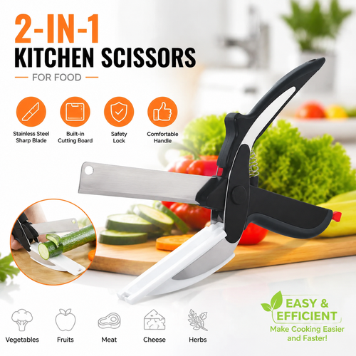 🔪 2-in-1 Kitchen Scissors & Knife Set – Stainless Steel Blade, Cutting Board Scissors with Safety Lock-QE