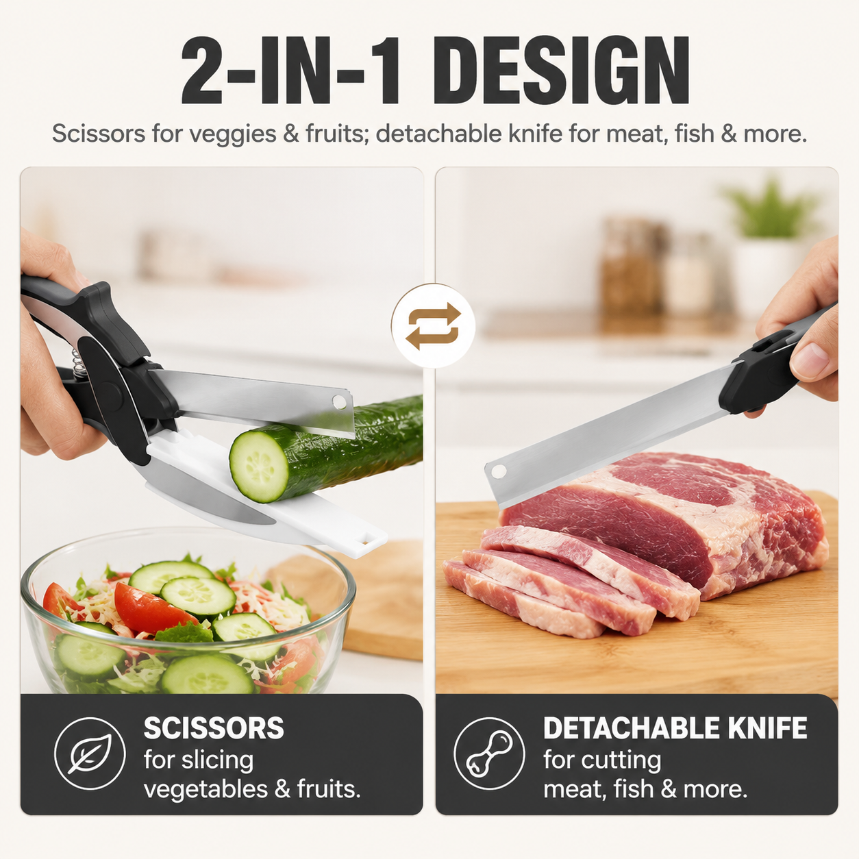 🔪 2-in-1 Kitchen Scissors & Knife Set – Stainless Steel Blade, Cutting Board Scissors with Safety Lock-QE