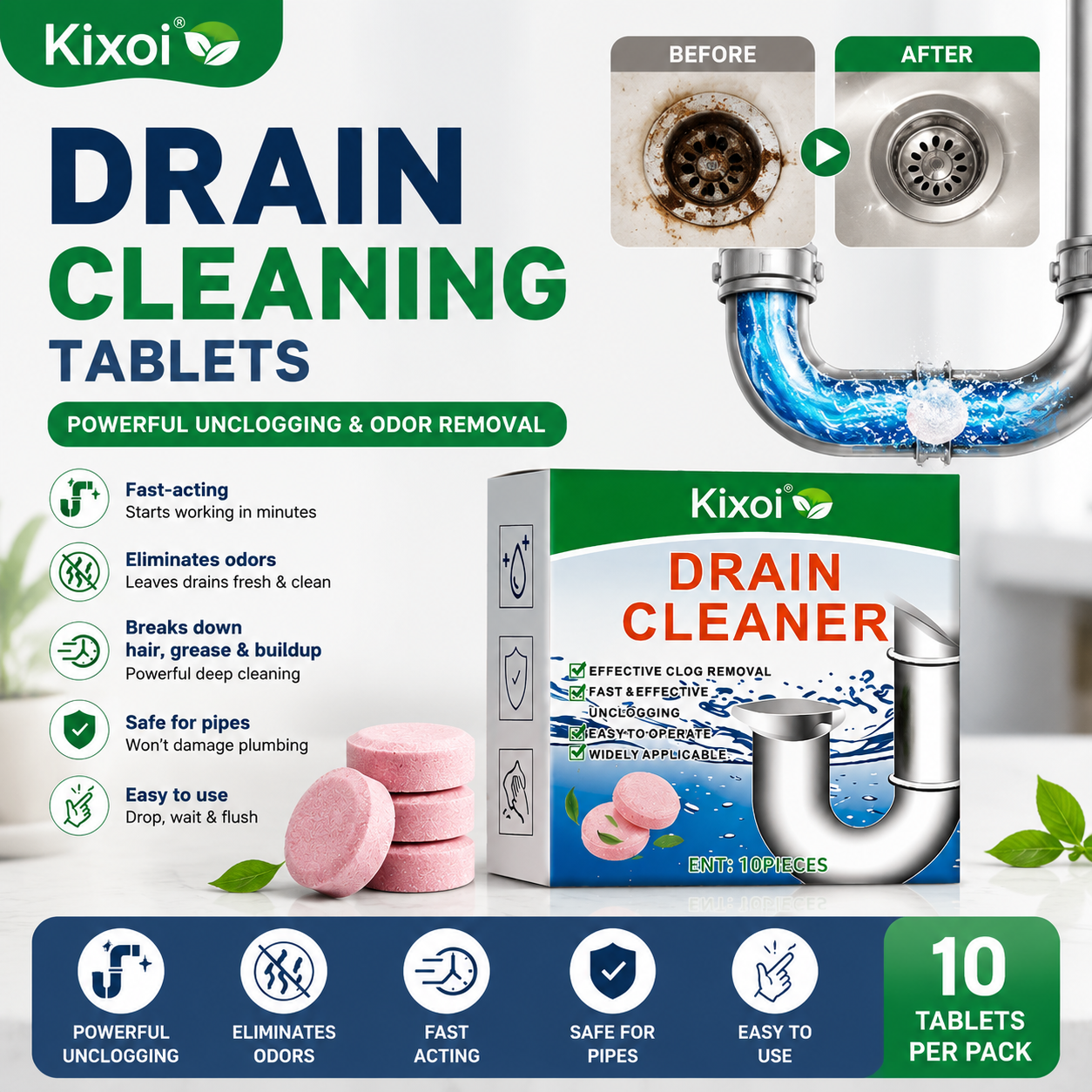 Drain Cleaning Effervescent Tablets – Powerful Unclogging, Odor Removal & Pipe Maintenance-QE