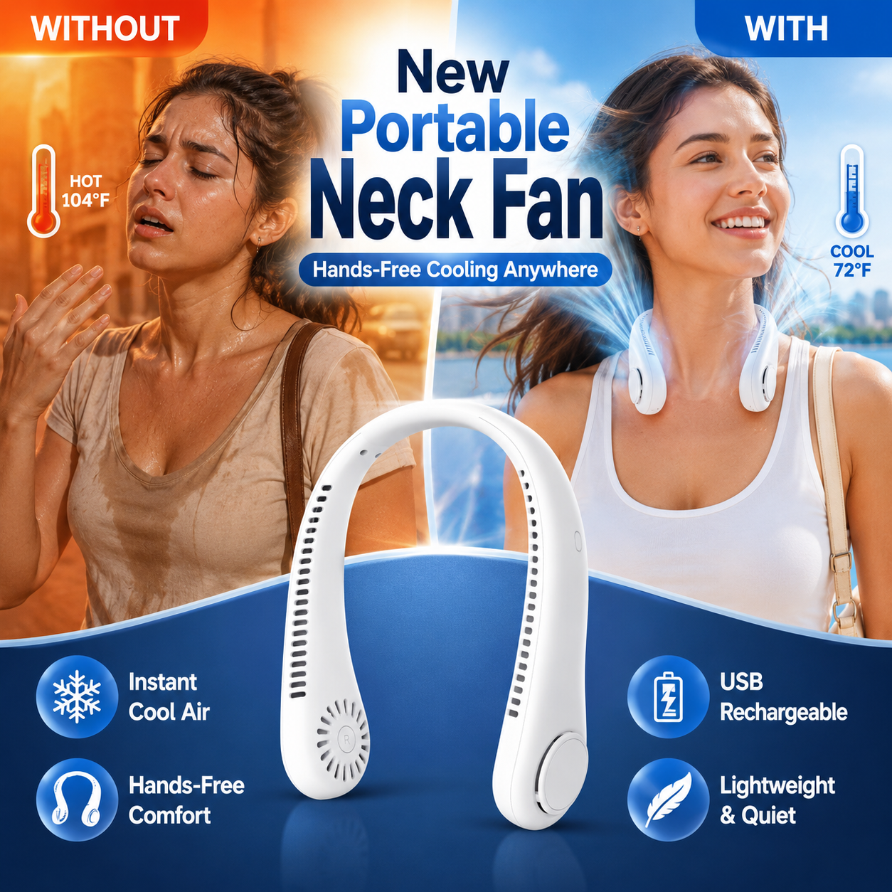 ⚡ 49% OFF Today – ❄️ Stay Cool Anywhere – New Portable Neck Fan | Hands-Free • Lightweight • USB Rechargeable-QO