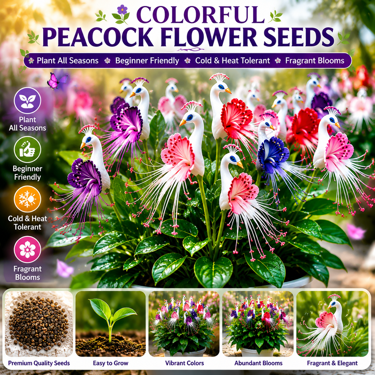 🌸 Colorful Peacock Flower Seeds – Fragrant, Air‑Purifying & Mosquito‑Repellent-QE