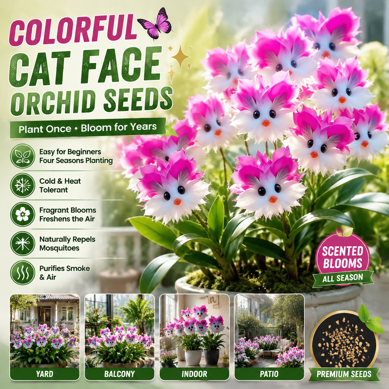 🌸 Colorful “Cat Face” Orchid Seeds – Fragrant, Air‑Purifying & Mosquito‑Repellent-QE