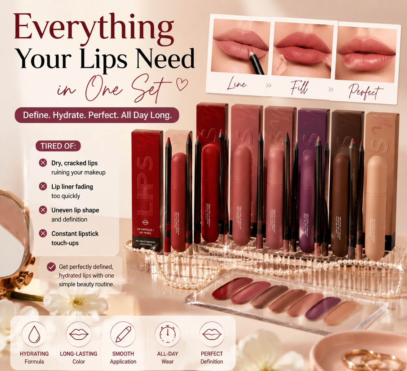 💋 LIP AMPOULE + LIP PENCIL 💋 Lip liner & essence set – Create plump, hydrated, long-lasting lips-FX