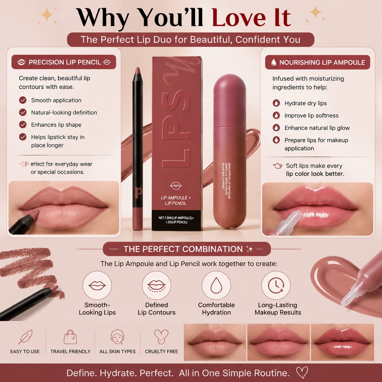 💋 LIP AMPOULE + LIP PENCIL 💋 Lip liner & essence set – Create plump, hydrated, long-lasting lips-FX