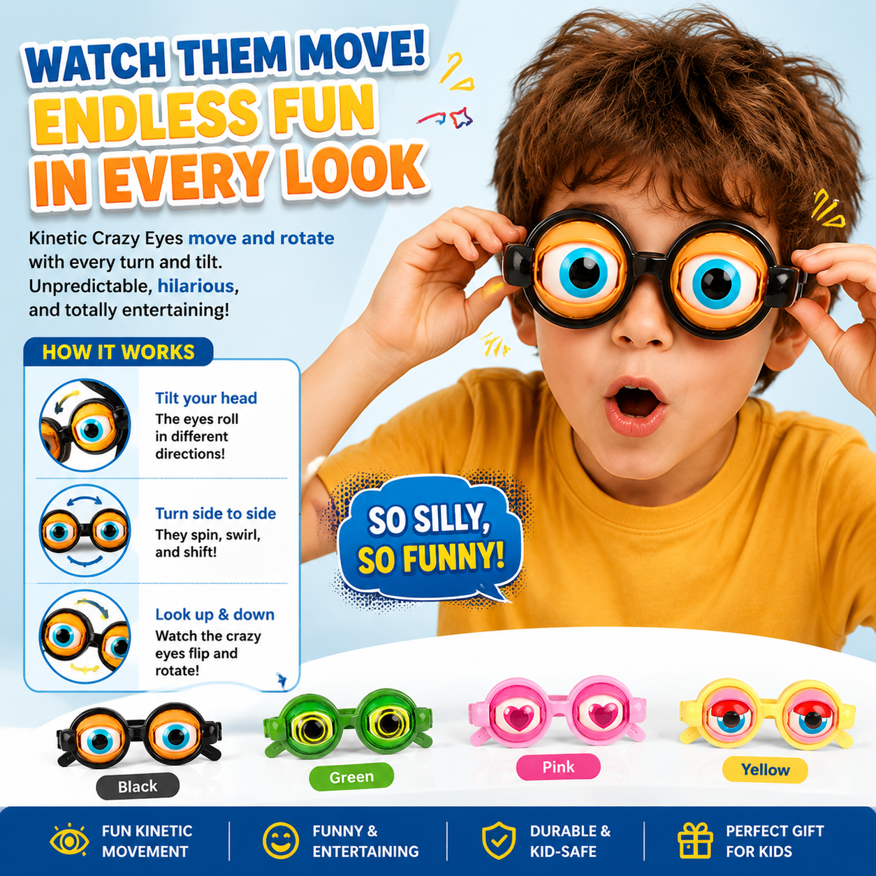 🤪👀 Kinetic Crazy Eyes Glasses – 🎉😂Funny Wiggly Eye Novelty Glasses for Parties, Costumes & Endless Laughs -FX