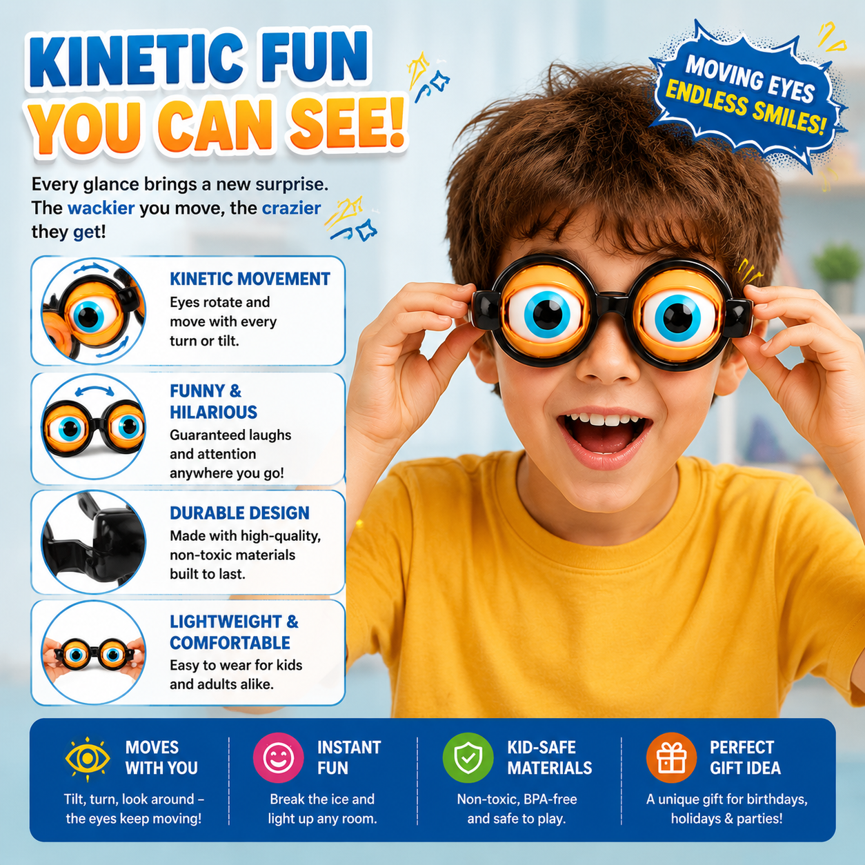 🤪👀 Kinetic Crazy Eyes Glasses – 🎉😂Funny Wiggly Eye Novelty Glasses for Parties, Costumes & Endless Laughs -FX